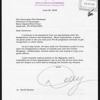 Letter to Governor Phil Bredesen from Dolly Parton about the Imagination Library, 2009