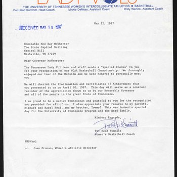 Letter to Governor Ned McWherter from UT Lady Volunteers Coach Pat Head Summitt, 1987
