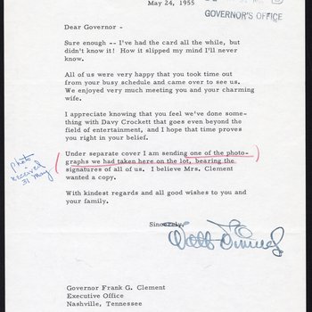 Letter to Governor Frank Clement from filmmaker Walt Disney, 1955