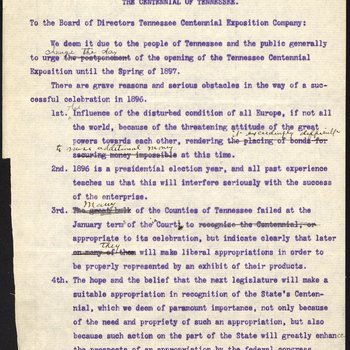 List of reasons and resolution for delay of 1896 Tennessee Centennial Exposition, 1