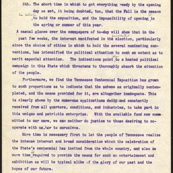 List of reasons and resolution for delay of 1896 Tennessee Centennial Exposition, 2