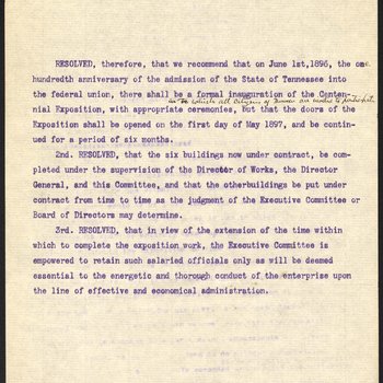 List of reasons and resolution for delay of 1896 Tennessee Centennial Exposition, 5