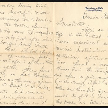 Letter from William T. Peyton to his mother Fannie Trousdale Peyton from Bon Air in White County, page 1