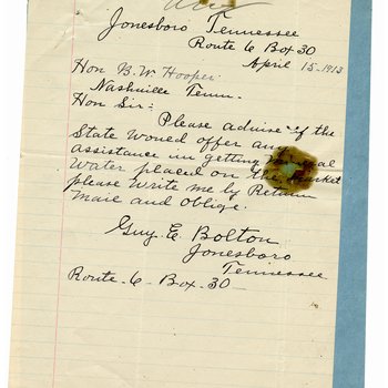 Letter from Guy Bolton of Jonesboro to Governor Ben Hooper about mineral water