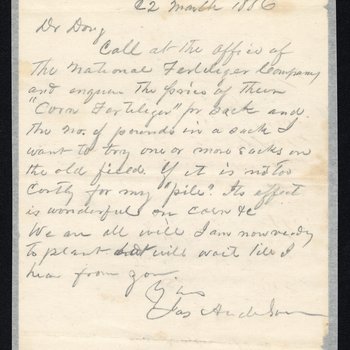 Letter from James Douglas Anderson about his visit to Epperson Springs, stating he after five days of taking the waters to treat his malaria, he had "a new lease on life."