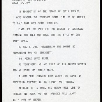 Governor Blanton's statement on the death of Elvis Presley