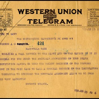 Telegram from President Woodrow Wilson to Governor Albert H. Roberts
