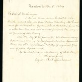 Letter [front] from Robert B. Cheatham requesting permission to distill 100 barrels of whiskey, Nashville, Tennessee, October 5, 1864