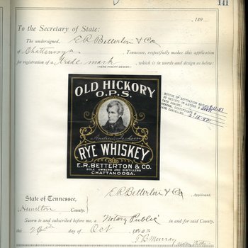Trademark registration for Old Hickory Rye Whiskey, Chattanooga, Tennessee, October 24, 1903