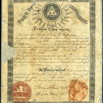 Sons of Temperance membership certificate for John S. Russwurm, September 1, 1852