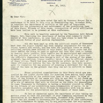 Correspondence from W. R. Hamilton, Nashville, Tennessee, November 21, 1911