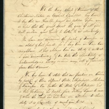 Petition from the Chickasaw Nation to the Governor and Legislature of Tennessee asking for a law forbidding Tennesseans from selling liquor to the Chickasaw, 1