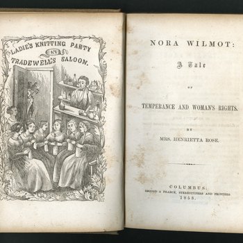 Ladie's [sic] Knitting Party at Tradewell's Saloon, In Nora Wilmot: A Tale of Temperance and Woman’s Rights by Henrietta Rose, 1858