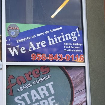 Photograph of Fares Arabic Cuisine "We Are Hiring!" Ad