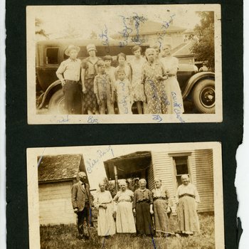 Family Group with Automobile and Older Adults in Front of Farmhouse