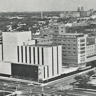 St. Luke's Hospital with Knisely Building - aerial view, 1975