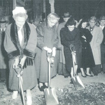 Mount Sinai Hospital groundbreaking for building A, women in foreground, 1953