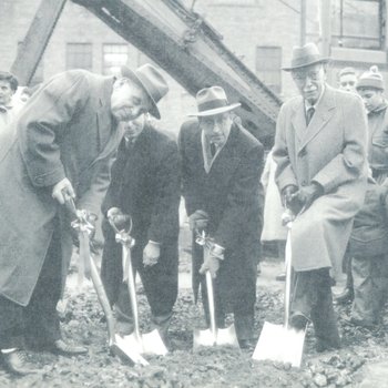 Mount Sinai Hospital groundbreaking for building A, men in foreground, 1953