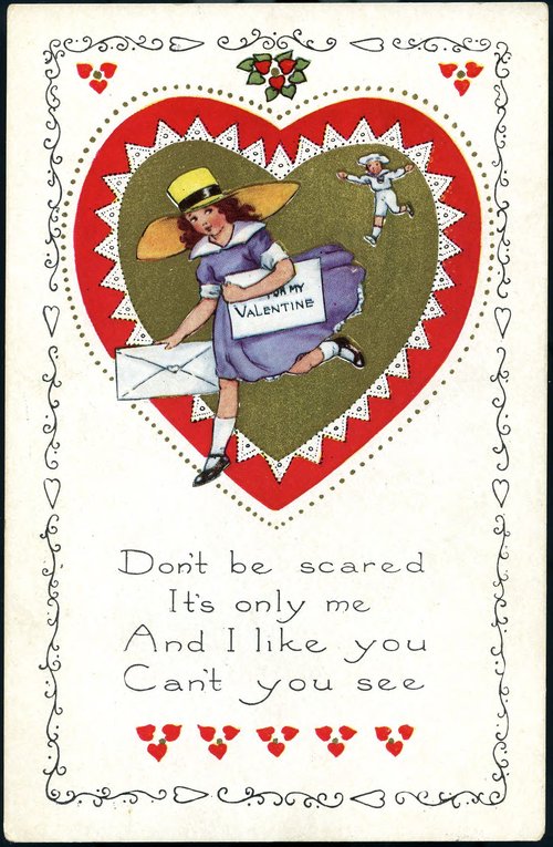 A girl is running, holding an envelope and a card "for my valentine". A boy in white is running after her. Text: Don&#x27;t be scared it&#x27;s only me and I like you can&#x27;t you see.