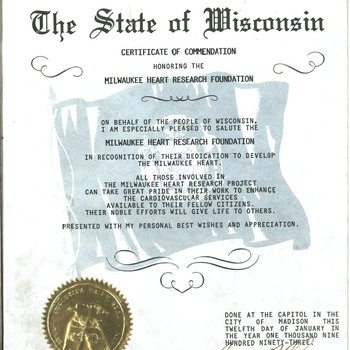 Certificate of Commendation by Governor Tommy Thompson, 1993