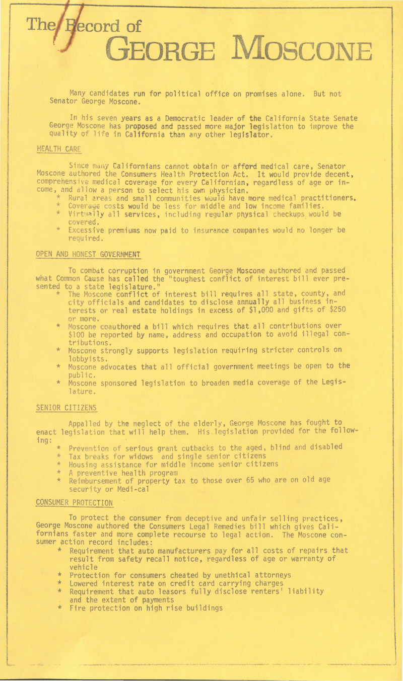 List of George Moscone&#x27;s accomplishments as Senator, compiled by Volunteers for Moscone