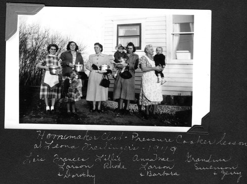 Homemakers Club was a mainstay in rural farm life. Although the year is 1949, Homemakers was a part of my mother’s and family’s life into the 1950s and beyond. The names are below the picture.  Grandma Swenson is Anna Swenson. She is holding Jerry Swenson.