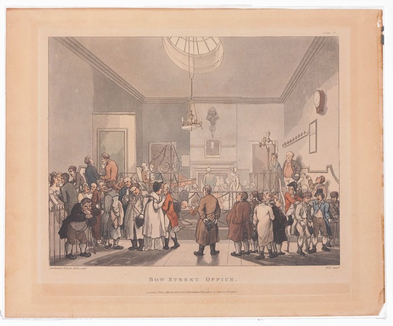 Bow Street Office, 1808 Designed and etched by Thomas Rowlandson (British, London 1757–1827 London) Designed and etched by Auguste Charles Pugin (British (born France), Paris 1768/69–1832 London) Aquatint by John Hill (American (born England), London 1770–1850 Clarksville, New York) Published in The Microcosm of London, or, London in miniature by Rudolph Ackermann in 1808