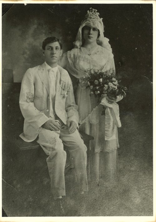 Wedding photo of Shakralla Sam Alracy and Nazira Marie Hallal Rossie, August 15, 1915