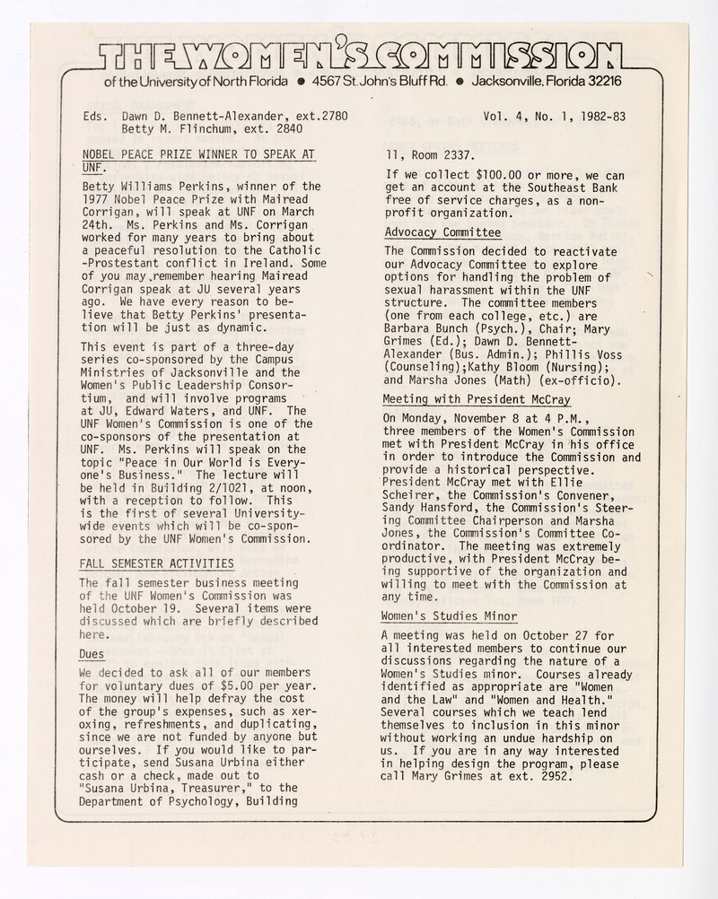 Newsletter for the University of North Florida Women’s Commission, of which Rasche was an active member and administrator. (1982-83)