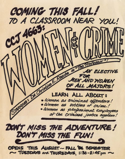 Advertisement created by Dr. Christine Rasche for a Fall 1986 section of her Women and Crime course.