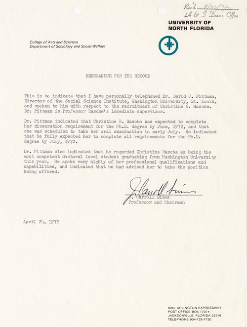University of North Florida recruitment letter for Dr. Rasche from 1972.