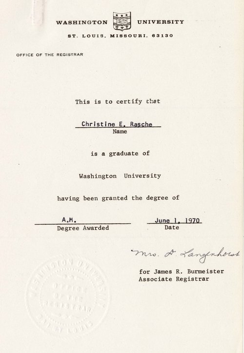 Certificate awarded to Dr. Rasche, recognizing her completion of the Master of Arts program at Washington University. (June 1970)