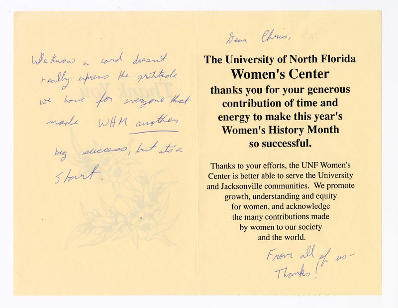 Card from the UNF Women’s Center thanking Dr. Rasche for her help with Women’s History Month.