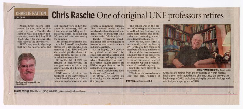 2008 articles about Dr. Rasche’s retirement after 46 years at the University of North Florida.