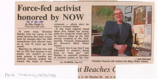 1995 news article highlighting Dr. Rasche as the 16th annual recipient of the Jacksonville National Organization for Women’s Mary Nolan Award.