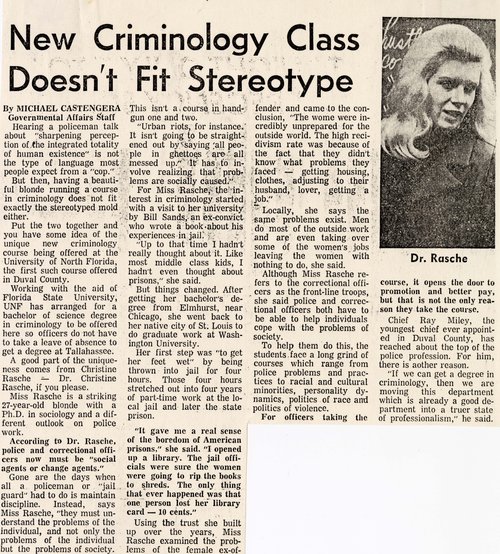 1974 Jacksonville Journal article about Dr. Rasche’s new course Criminology at the University of North Florida