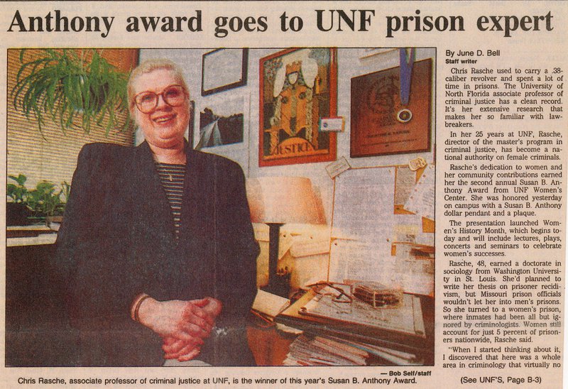 News article highlighting Dr. Rasche as the 1995 Susan B. Anthony Award recipient from the UNF Women’s Center.