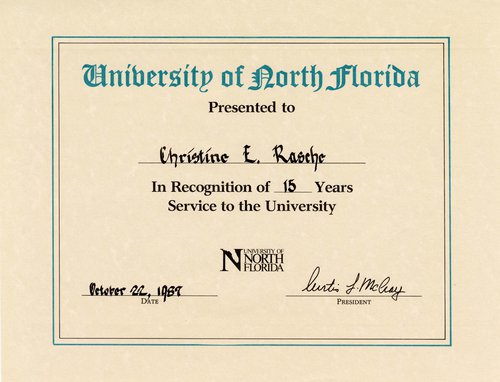 Service Recognition awards for Dr. Rasche’s tenure at the University of North Florida