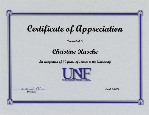 Service Recognition awards for Dr. Rasche’s tenure at the University of North Florida.
