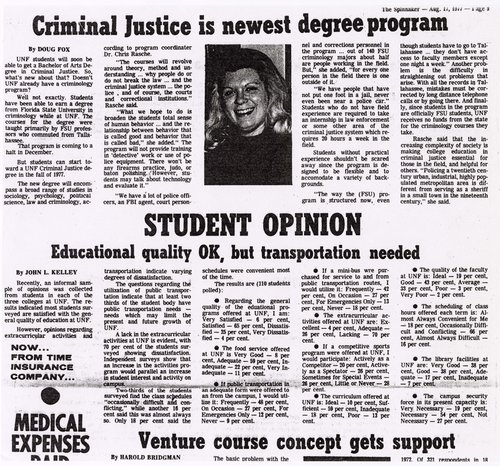 August 1977 article from the Spinnaker quoting Dr. Rasche, program coordinator, about the University of North Florida’s new Bachelor of Arts Criminal Justice degree.