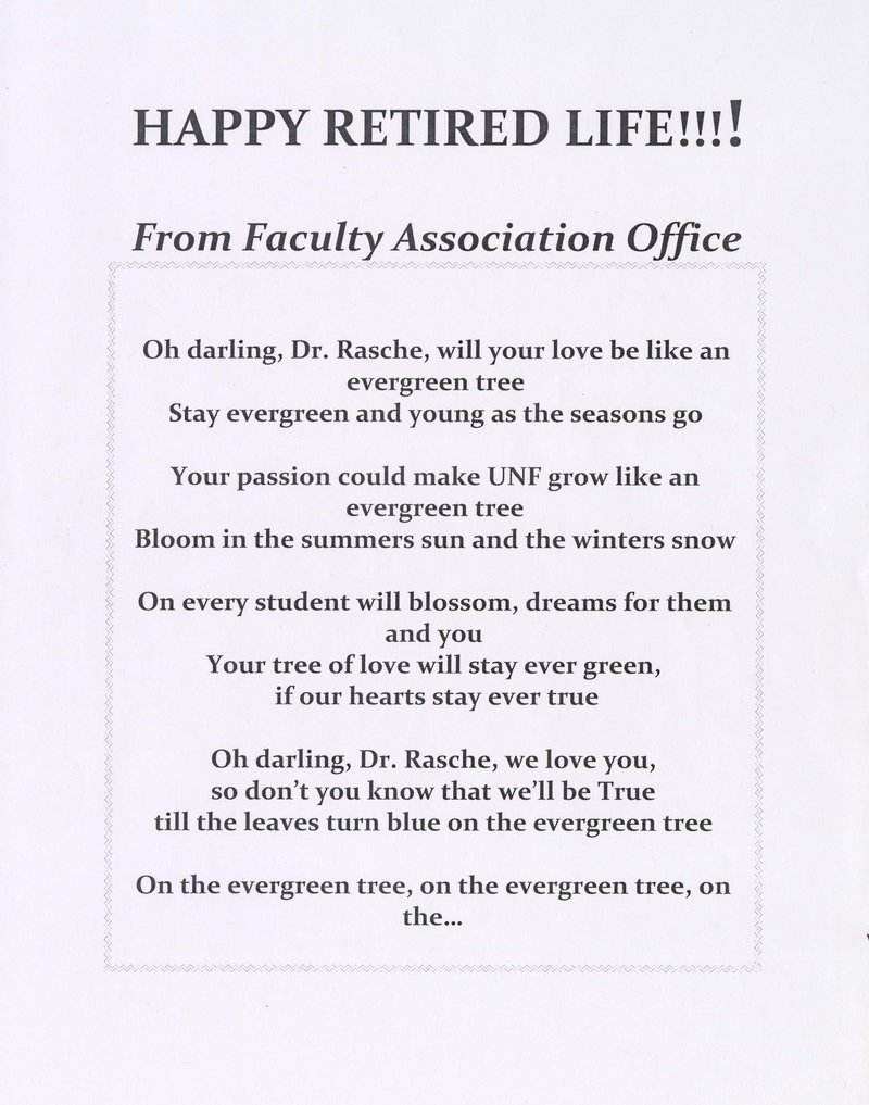 Poem from the Faculty Association Office wishing Dr. Rasche a happy retirement in 2008.