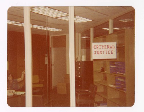 View through the glass walls of the Criminal Justice area (1970s)