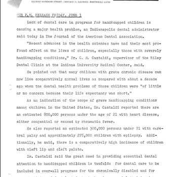 ADA News Release - Recommendations to Public Schools on Student Dental Health (1956)