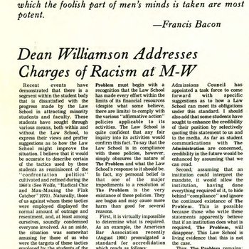 "Dean Williamson Addresses Charges of Racism at M-W"