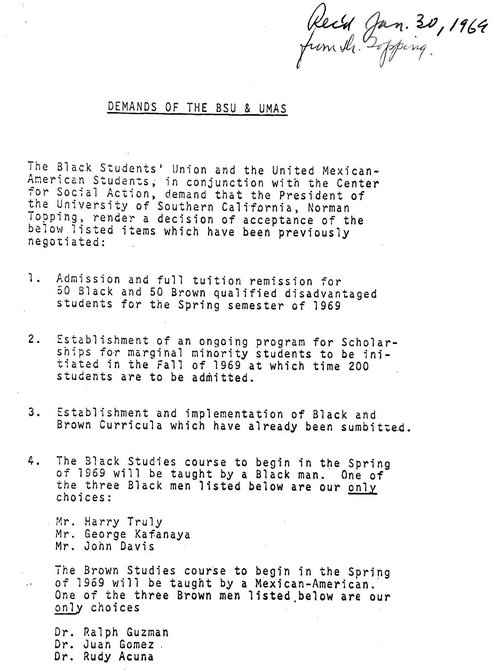 Demands of the BSU and UMAS at USC_Recd Jan 30 1969_1