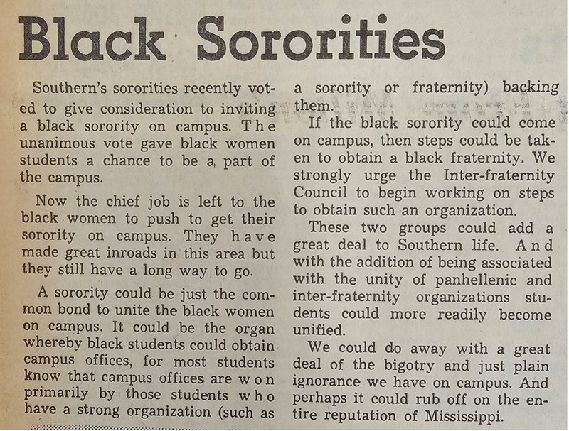 Anonymous article praising vote that allowed a Black sorority on campus but did not allow racial integration of white sororities