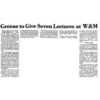 "Greene to Give Seven Lectures at W&M"