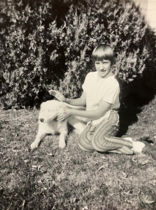 Dawn Benson: 1967, 7th grade with family dog, Laddie