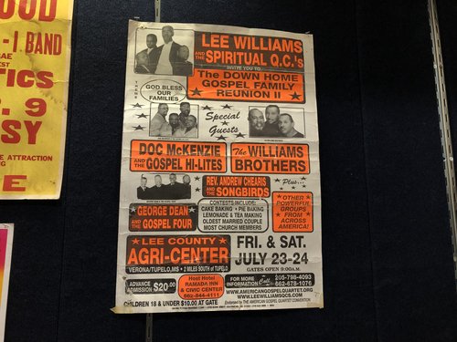 poster for the Down Home Gospel Family Reunion II at the Lee County Agri-Center, July 23-24, year unknown. Featuring Lee Williams and the Spiritual Q.C.&#x27;s, Doc McKenzie and the Gospel Hi-Lites, the Williams Brothers, Rev. Andrew Chearis and the Songbirds, George Dean and the Gospel Four, and others.