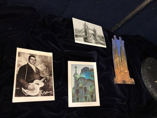 postcards include Blind Lemon Jefferson as a young man, the Tower bridge in London, and architecture from Barcelona (Spain).